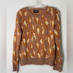 VICI	Long Sleeve Distressed Sweater Leopard Print Pink Orange White Raw Hem Sm